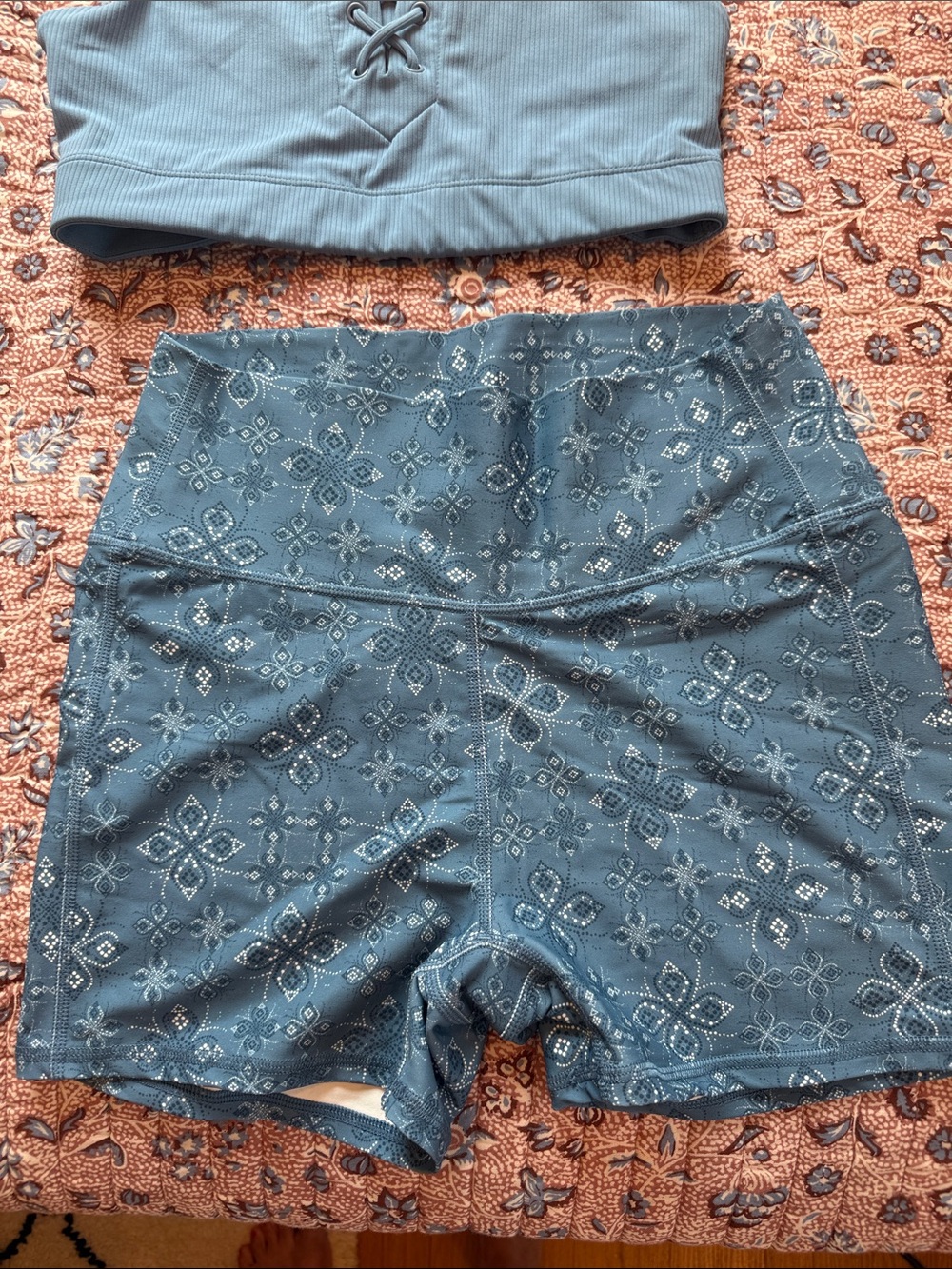 JoyLab Slate Blue Lace-Up Sports Bra & Patterned Bike Shorts Set - Picture 2 of 7